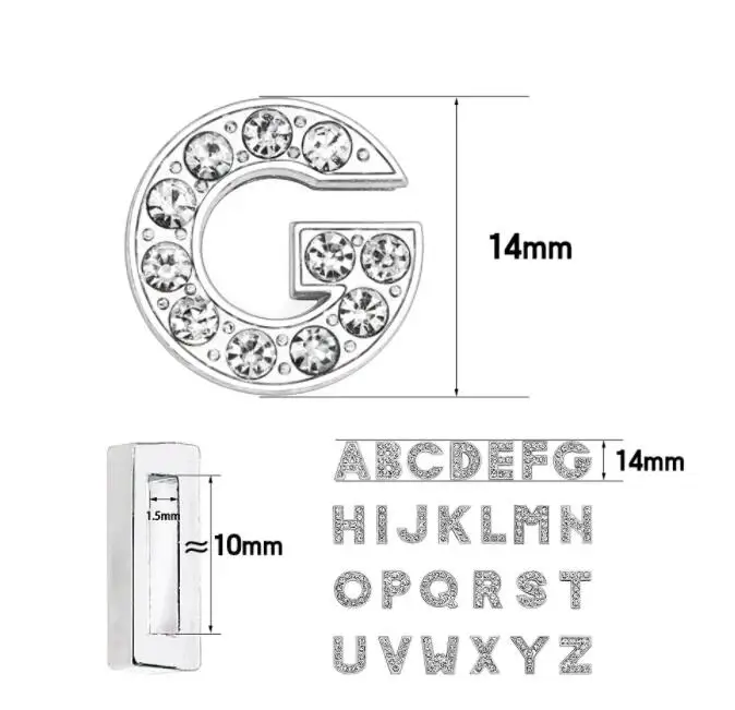 50PC/lot Hole 8mm 10mm Bling Slide Letter Rhinestones Slide Charm DIY English Alphabet Fit for Wristband Bracelet Pet Collars