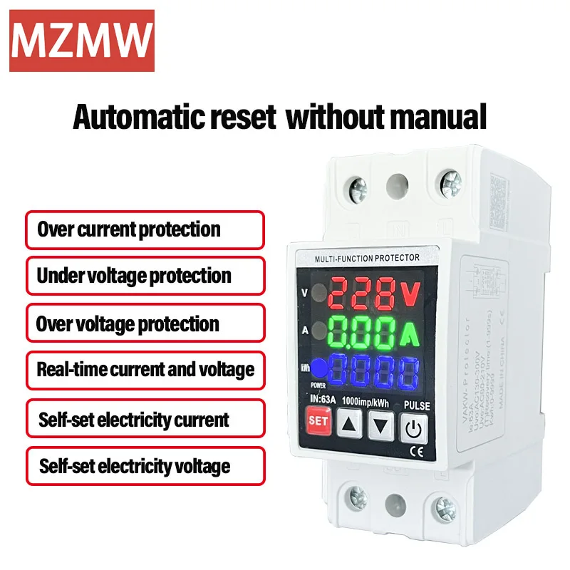 3IN1 Display Voltage Breaker 40A Adjustable Din Rail 230V 110V Over and Under Voltage Protector KWh Watt Metering Monitor Relay