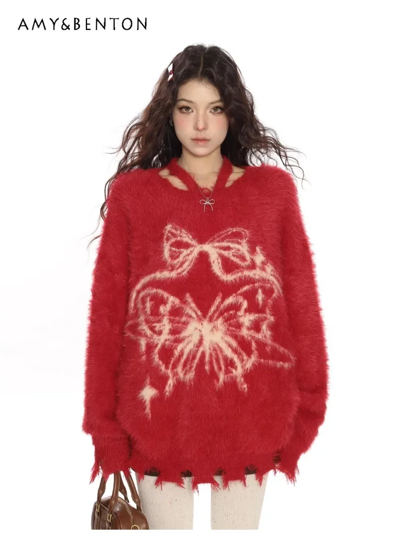 

Japanese Autumn and Winter Lazy Wind Red Christmas Bow Hanging Neck Imitation Mink Velvet Soft Waxy Knitted Sweater For Women