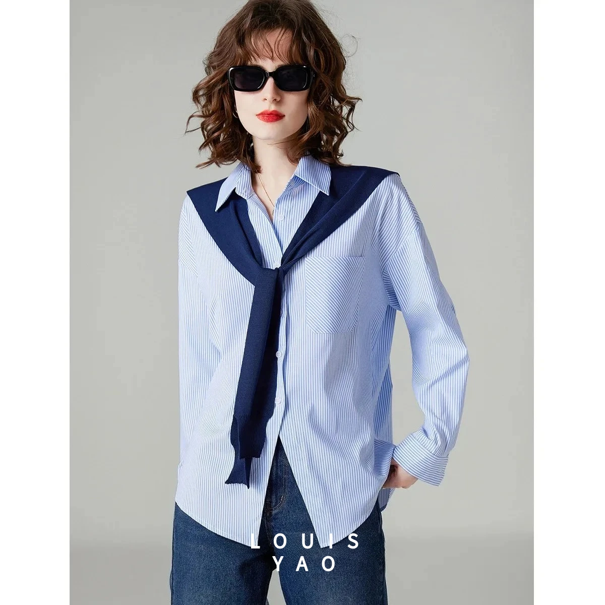 

LOUISYAO Contrast Colours Striped Shawl Women's Shirt 2025 Autumn Tops Lapel Collar Stripes Casual Long Sleeves Blouses