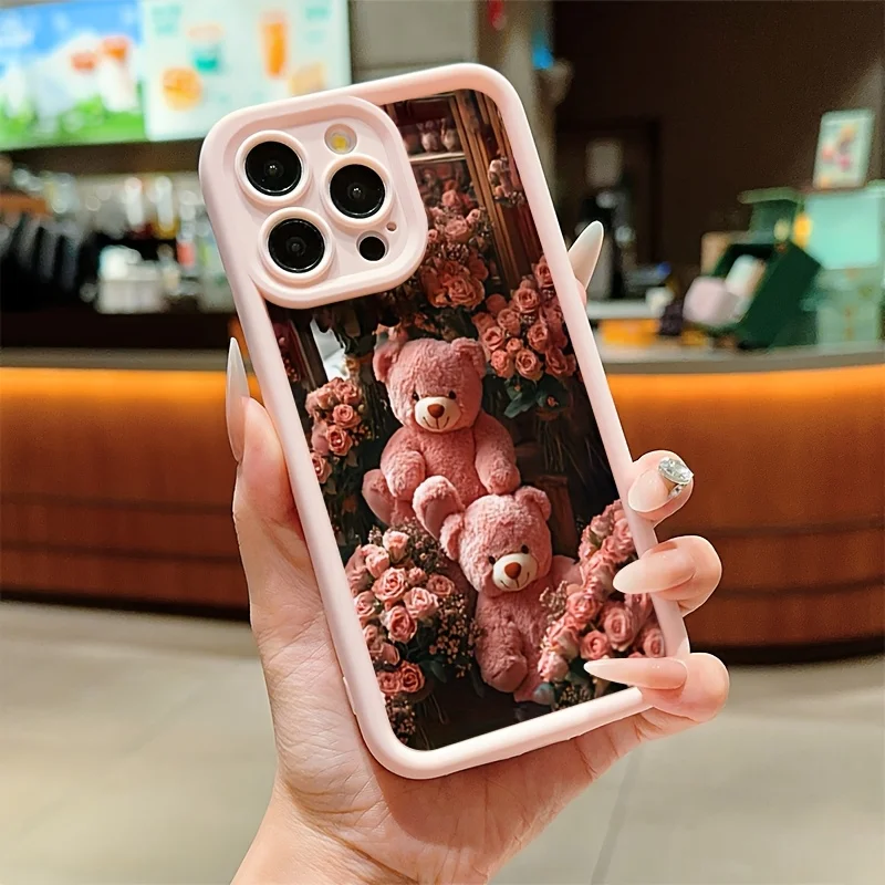 

Pink retro bear design phone case for iPhone 17 16 15 14 13 12 11 Pro/ Max/Plus shock-proof rear cover anti-fingerprint