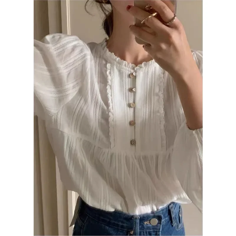 Deeptown White Youthful Women\'s Blouses Korean Fashion Long Sleeve Shirts Female Vintage Chic Sweet Spring Clothes Old Money