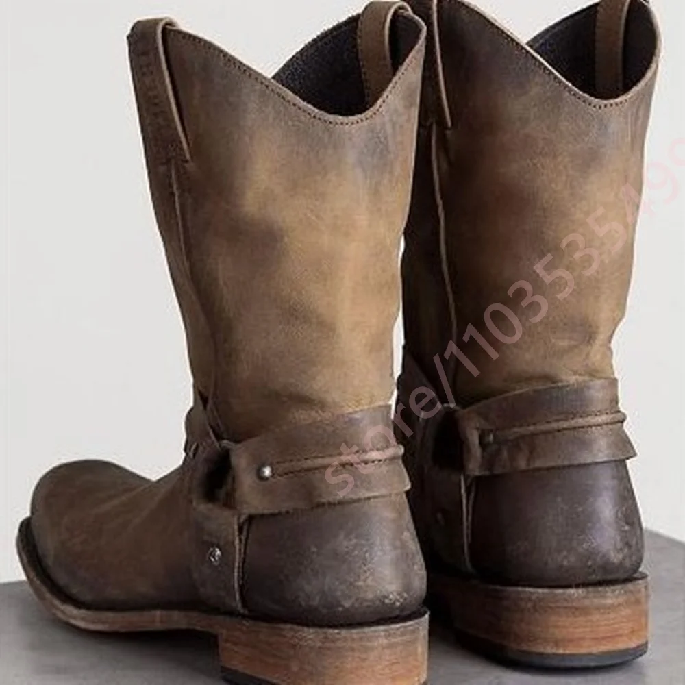 Men Distressed Western Cowboy Boots Square Toe Low Stacked Heel Strap Rivet Decor Vintage Mid Calf Biker Boots for Riding Daily