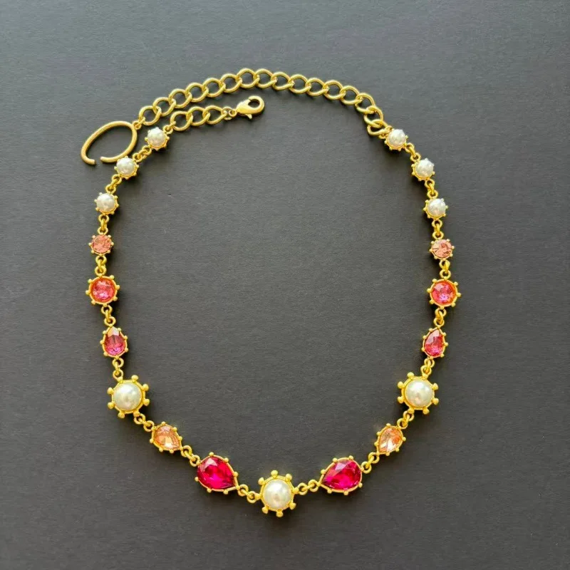 Os Style Chandelier Inspired Statement Choker Necklace for Women Mixed Faceted Glass Crystal Pearl Vintage Fashion Party Jewelry