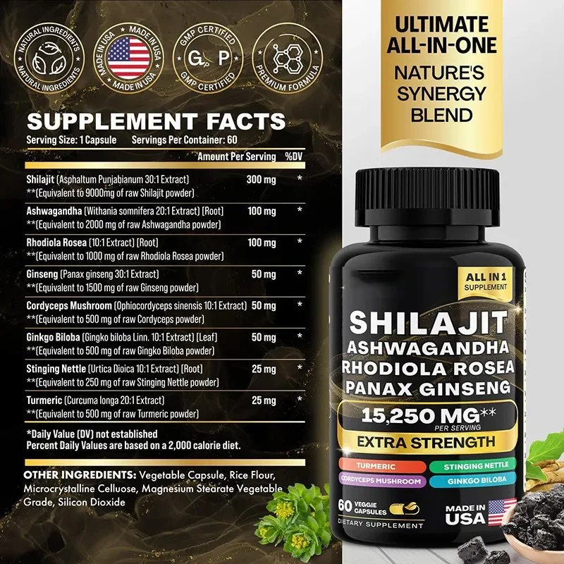 15250mg Pure Shilajit Himalayan Capsules with Maca Ginseng Ashwagandha Turmeric, Energy Supplement Muscle Mass Endurance