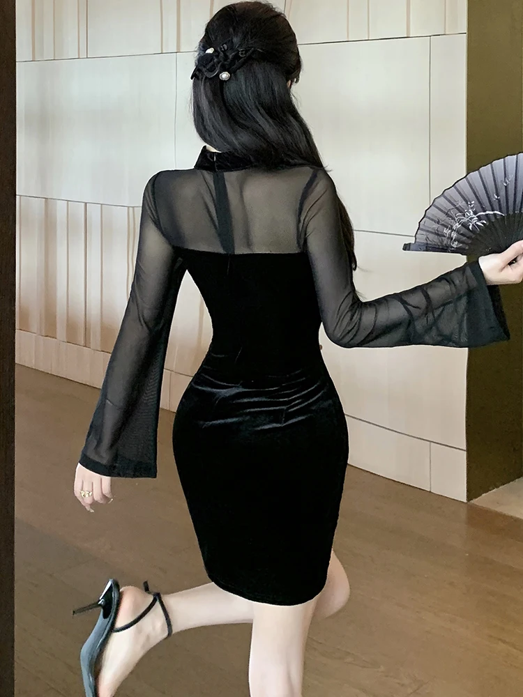 فستان أسود مخملي شبكي شفاف مثير للنساء 2025 فستان هيبورن كوري عتيق لخريف وشتاء أنيق فساتين ضيقة #3