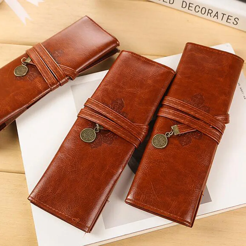 2pc Brown Pen Bag 19.5*7CM UP Leather Storage Pen Case Stationery Office School Supplies Writing Gift