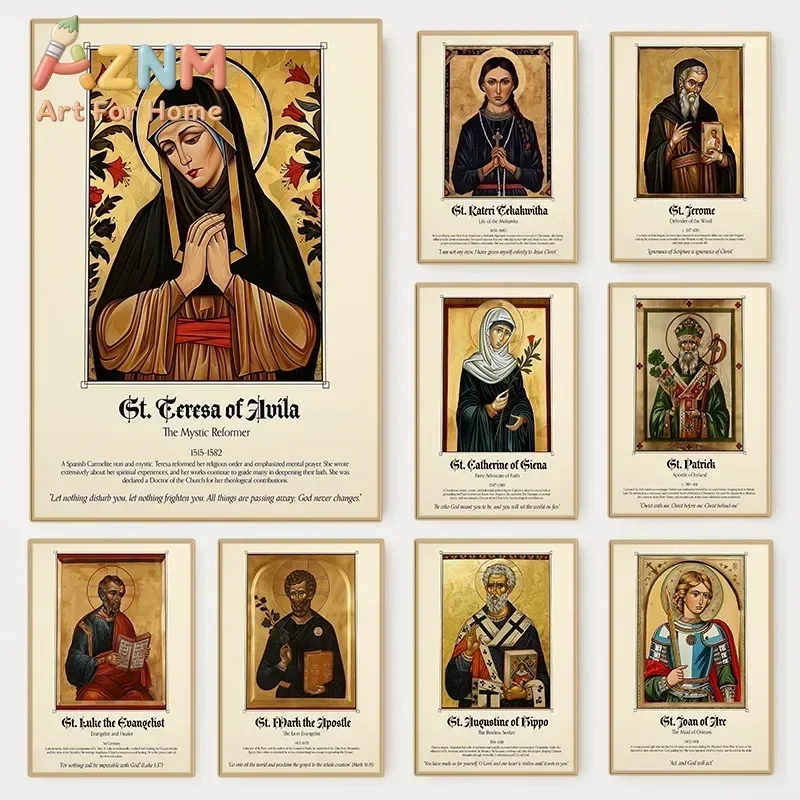 AZNM Frameless Canvas Wall Art, Catholic Saints Religious Portrait Print, Decor for Prayer Room Chapel Faith Home Wall