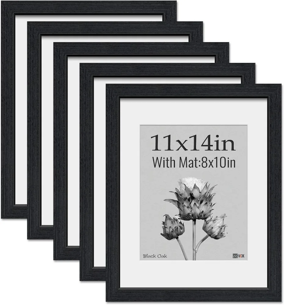 

VCK 11x14 Picture Frame 5 pk, Natural Wood Grain Black Oak & HD Glass, Display 8x10 Photos with Mat or 11x14 without Mat