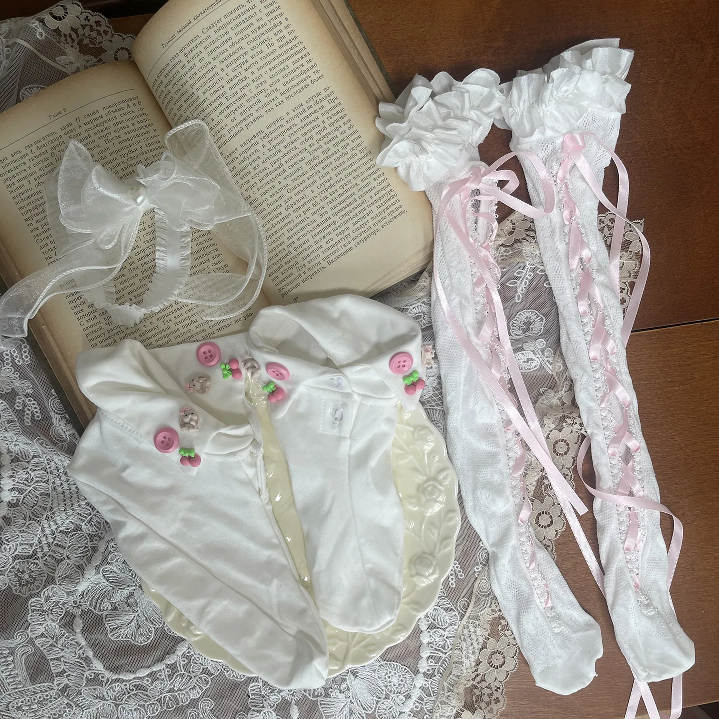 Japanese Spring and Autumn New Pink Cream Ballet Stockings Women's Strap Bow Lolita Girls Lace Media Tube Lace Socks female