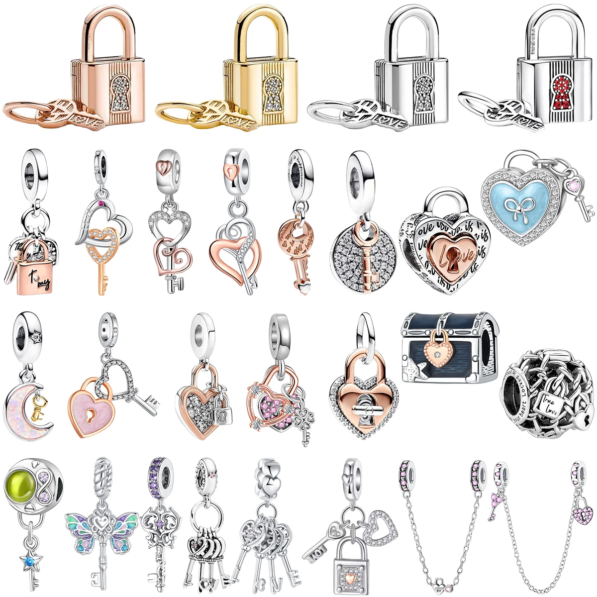 

Original 925 Sterling Silver Lock&Key Charms Lucky Heart Shaped Key Beads Pendants Fit Bracelet DIY Fine Jewelry Gift