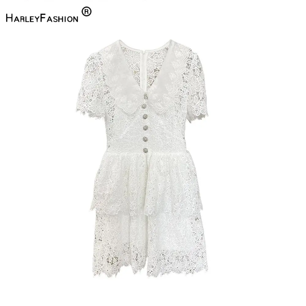 

2024 Lady Summer V-neckline Short Sleeve Women Party Wear Delicacy Lace Solid Short Mini Ball Gown Dress