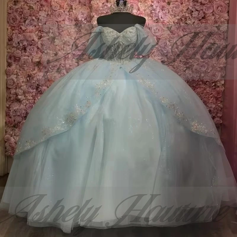 Maßgeschneidertes eisblaues süßes 16-Quinceanera-Kleid mit Kristallschleife, Ballkleid, Abschlussball, Geburtstag, Partykleid, Anlasskleidung, Vestidos de 15 Jahre