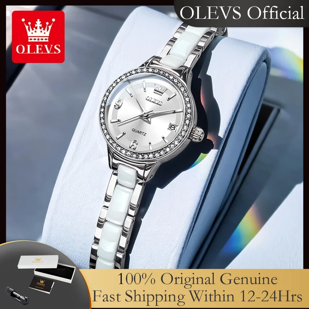 

OLEVS 7093, женские часы, оригинальные кварцевые часы, элегантный керамический стальной ремешок, роскошные водонепроницаемые часы с бриллиантовым безелем для женщин