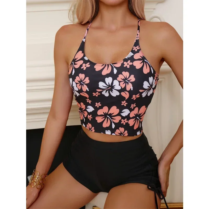 Flower Print Black Swimsuit for Women,2024 Summer New,high Waist 2-piece Tankini, U-neck Suspender Backless Beach Swimwear