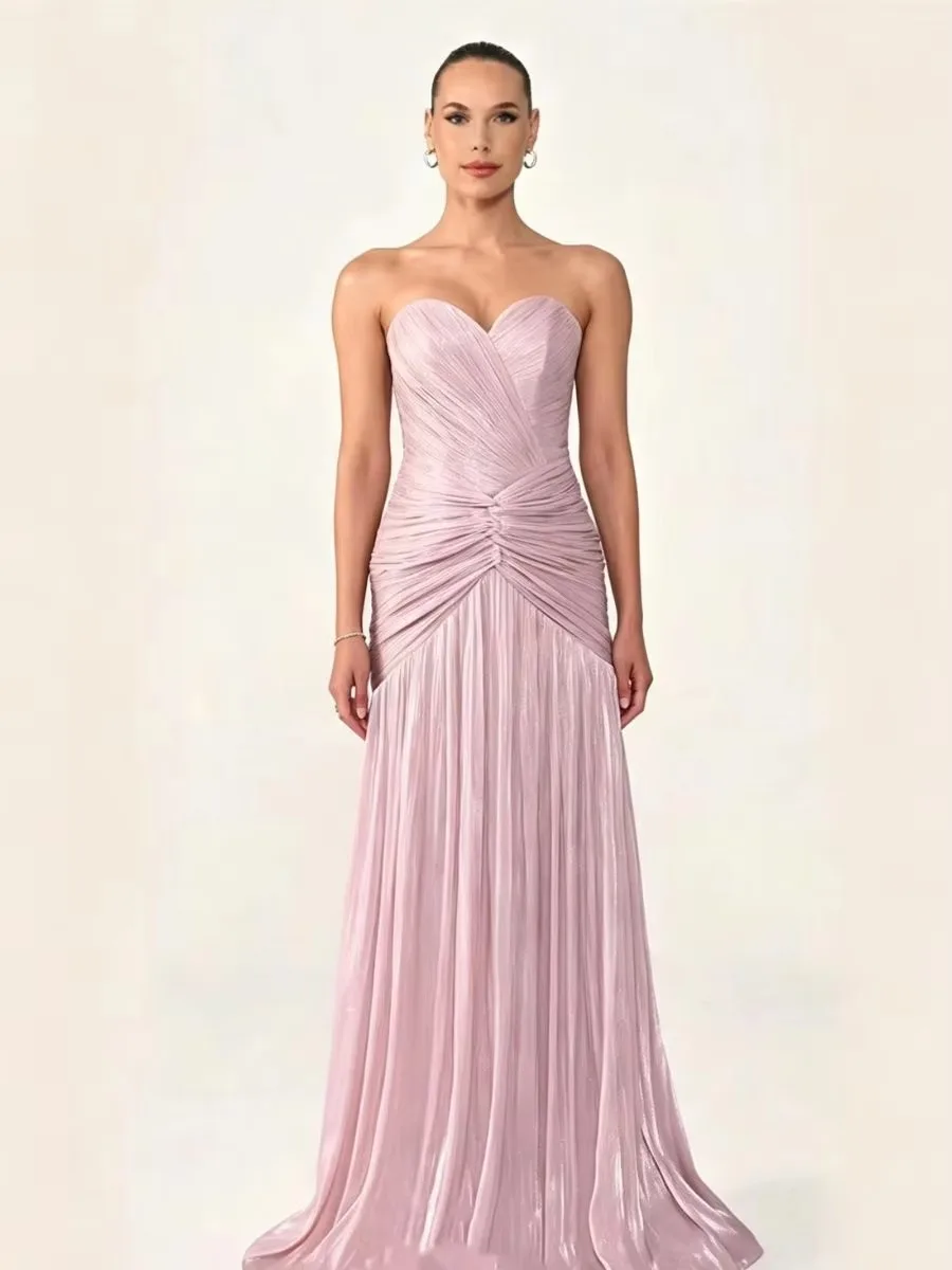 Women Strapless Light  Chiffon Evening Dresses Sweetheart Neck Ruched Long Formal Party Gown For Wedding Guest