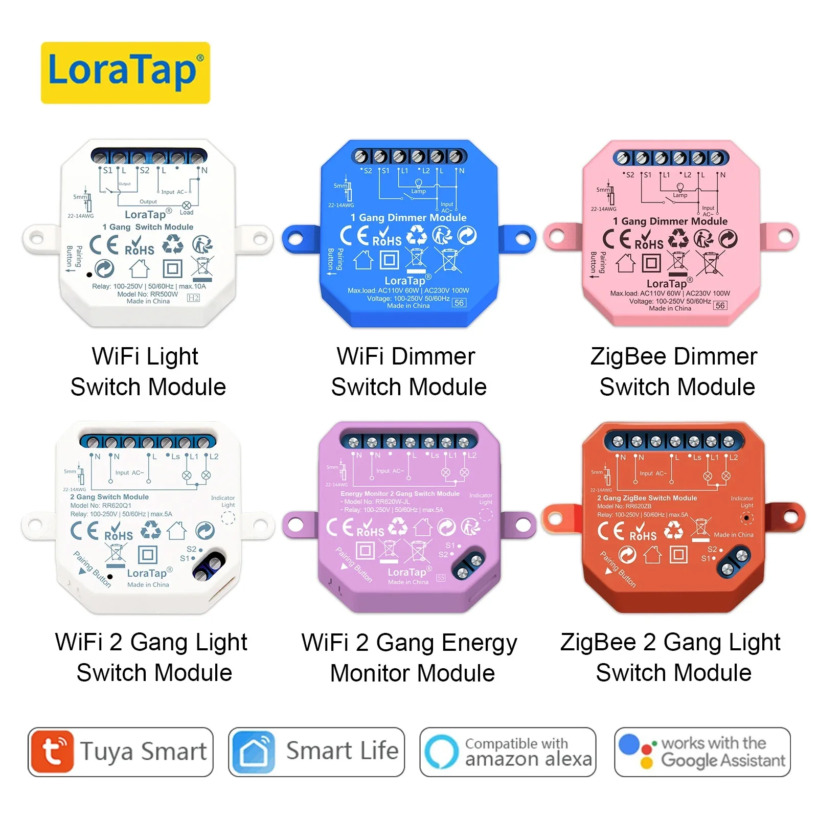 LoraTap Tuya Smart Life ZigBee WiFi Light Switch Module Dimmer Energy Monitor App Remote Control Alexa Google Home Voice Control