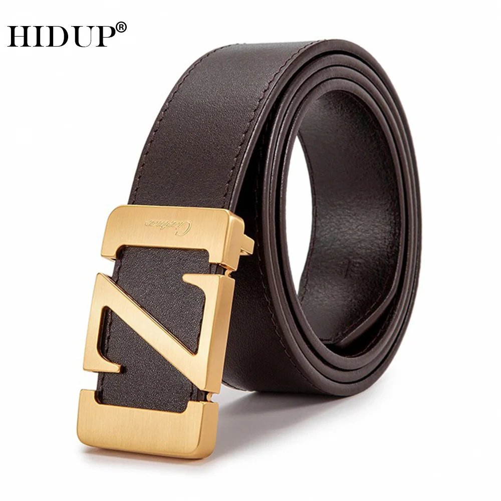 HIDUP Men's Solid Pure Cowhide Brass Slide Z Letter Buckle Leather Belt for Men 3.3cm Width