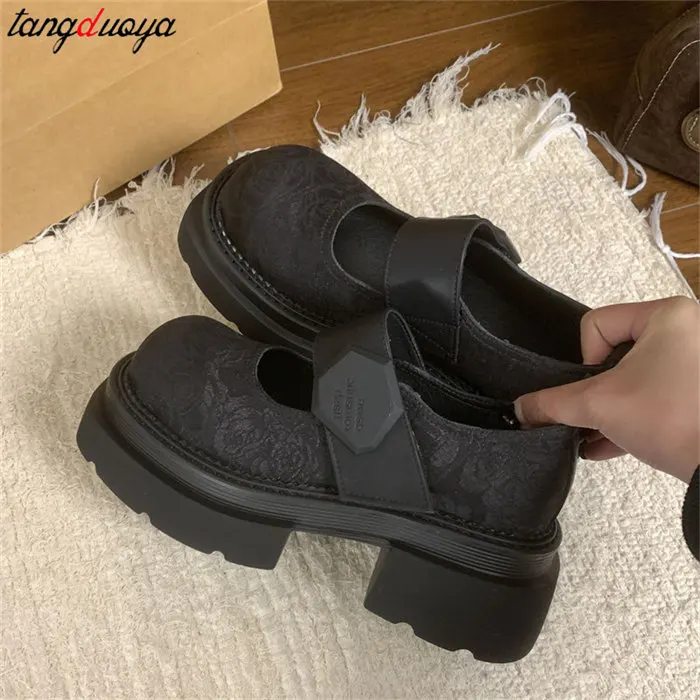 2024 New Women Lolita Shoes Retro Printed Mary Jane Shoes Gothic Punk Thick High Heel Shoes Ladies College JK Uniform Shoes