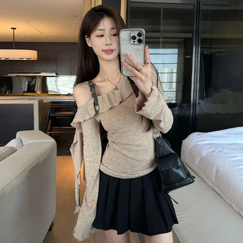 Korean Temperament Irregular Ruffled Off-shoulder Long Sleeve Slim Knitted Top For Women