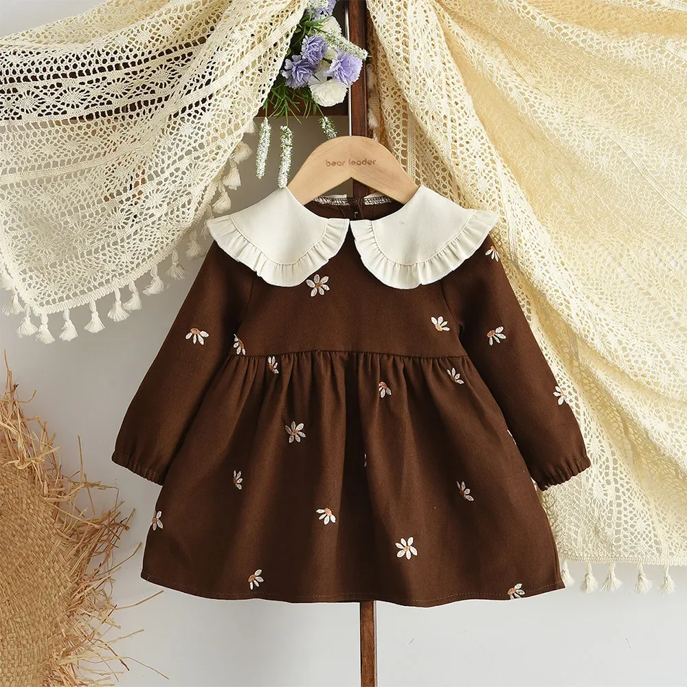 Braunes Schleifenkleid mit langen Ärmeln für Babymädchen, Herbstmode, neue Partykleider für Mädchen, niedlicher Puppenkragen, Freizeitkleidung – Detail 13