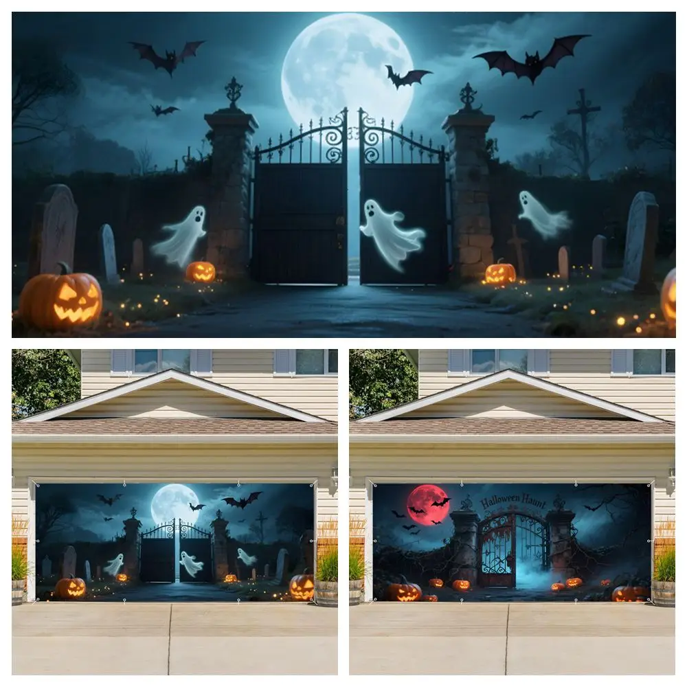 

Halloween Garage Door Cover Banner Scary Night Castle Gate Scene Large Hanging Backdrop Home Yard Wall Garage Door Decoration