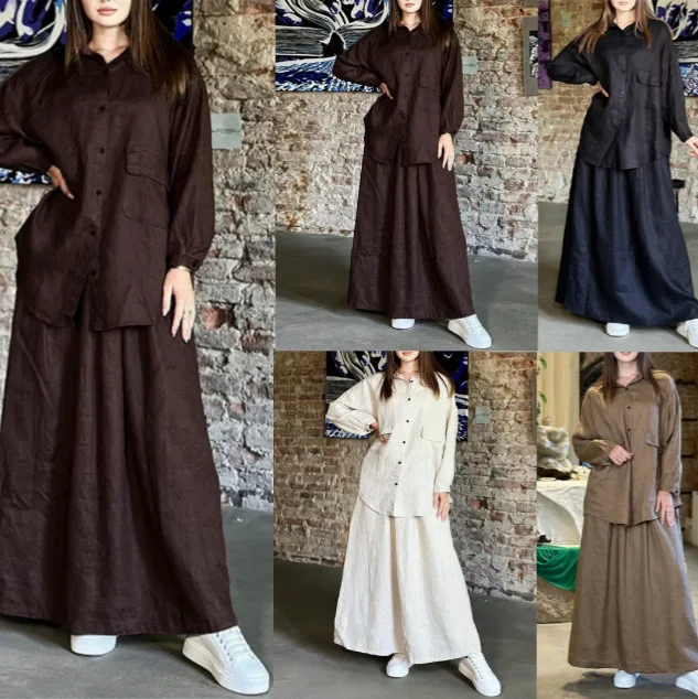 

Europe America 2025 Autumn New Women's Retro Lapel Long-sleeved Shirt Skirt Casual Two-piece Set