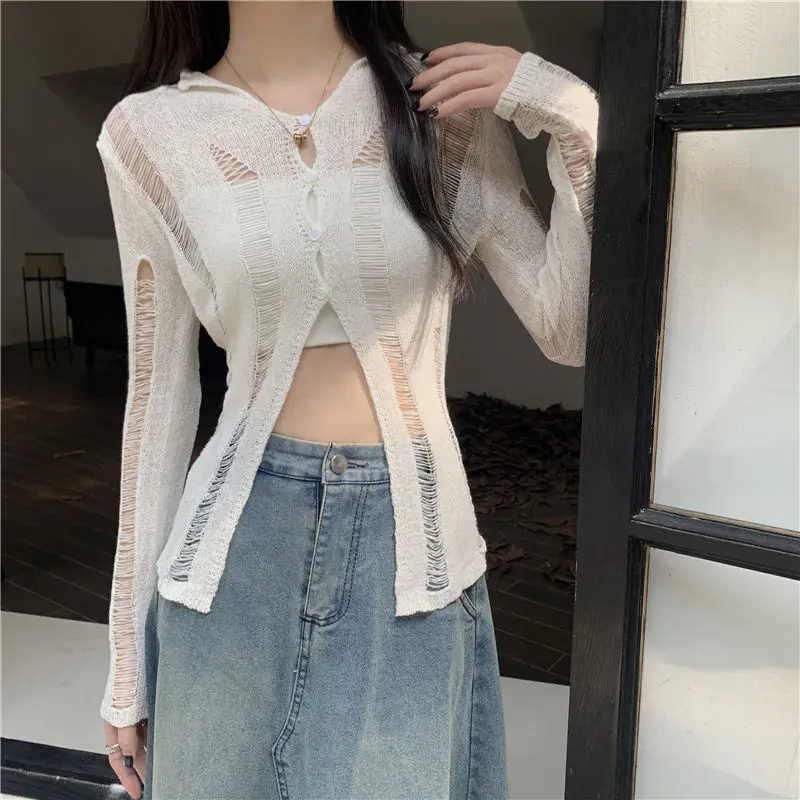 Spring Summer Button Solid Color Sweater Knitted Long Sleeve Hollow Out Cardigan Coats Casual Fashion Women\'s Clothing Tops