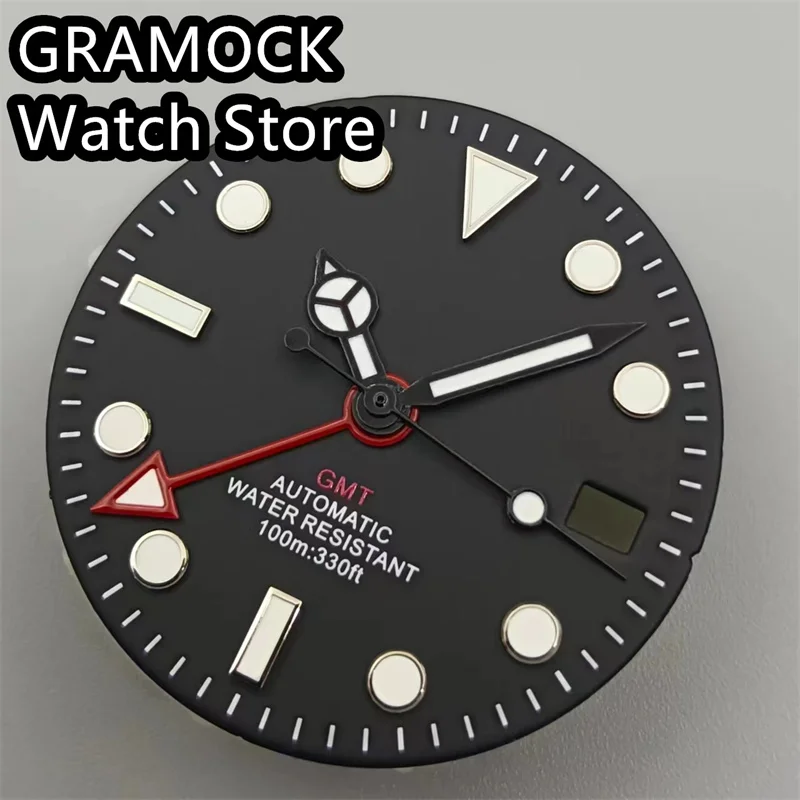 GRAMOCK 29mm NH34 Watch Dial GMT Four Hands Green Luminous Watch Dial for NH34 Movement Modified Dials Replacement Watch parts