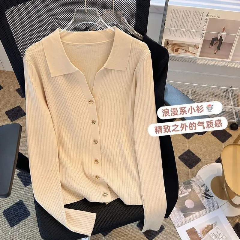 Autumn New Elegant Chic Button Knit Cardigan Women Clothing Fashion All-match Polo Collar Sweater French Style Long Sleeve Tops