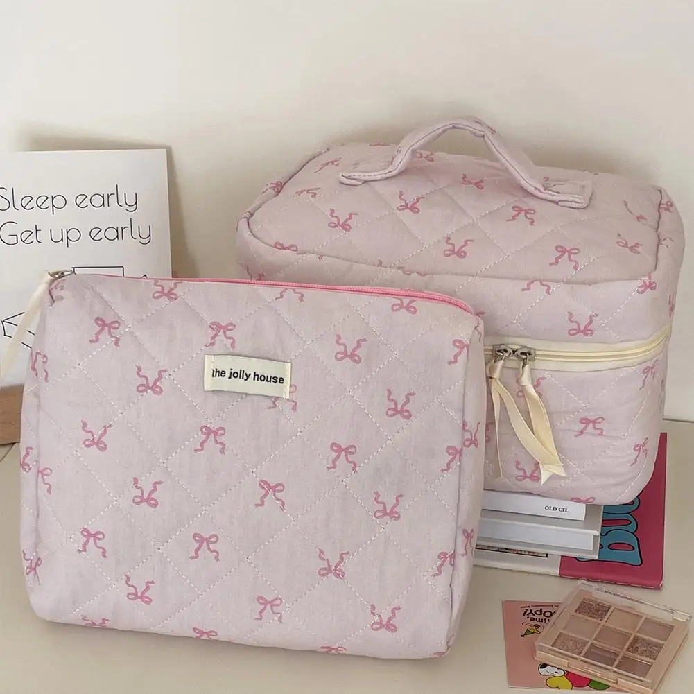 Pink Bowknot Quilting Women Cosmetic Bag Portable Zipper Makeup Travel Organizer borsa da toilette per donna per ragazze