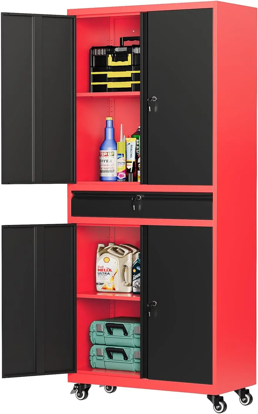 Storage Cabinet with Wheels Metal Garage Cabinet with Drawer and Doors Red Tall Rolling Storage Cabinet for Garage Basement