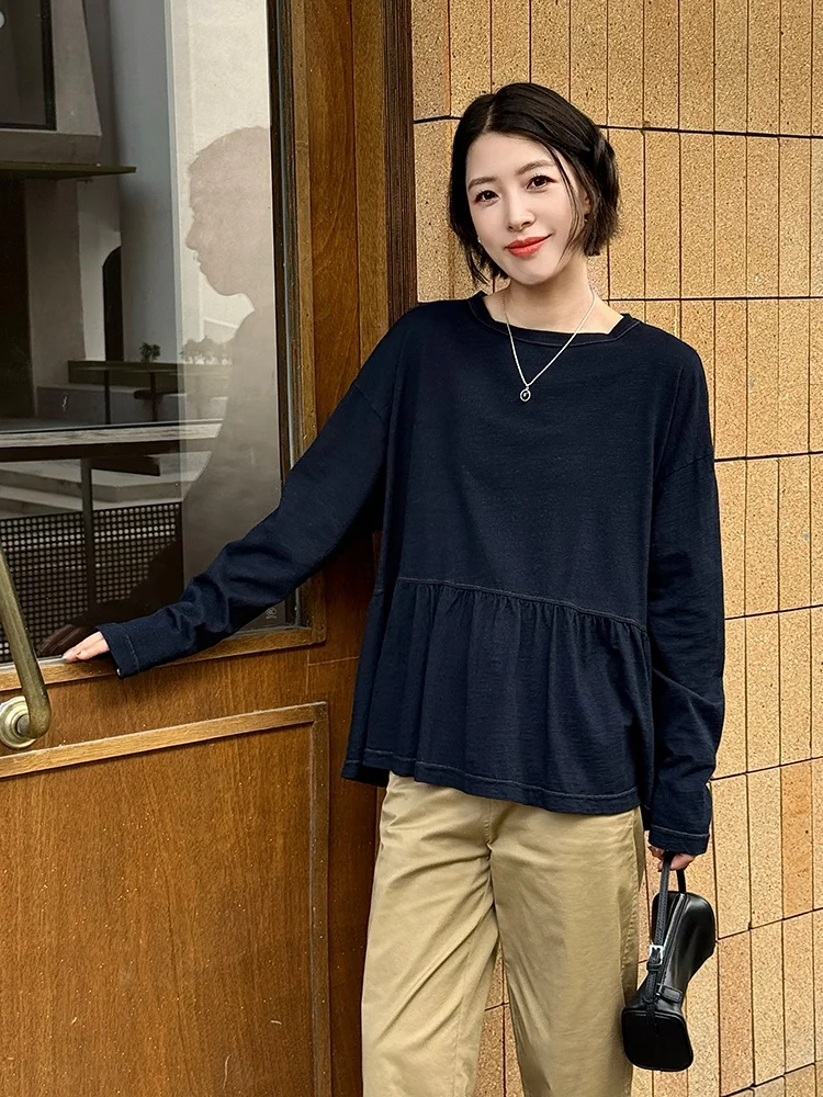 

Свободная женская футболка с длинным рукавом из чистого хлопка, с круглым вырезом, синего цвета, новый осенний дизайн, повседневный комфортный топ