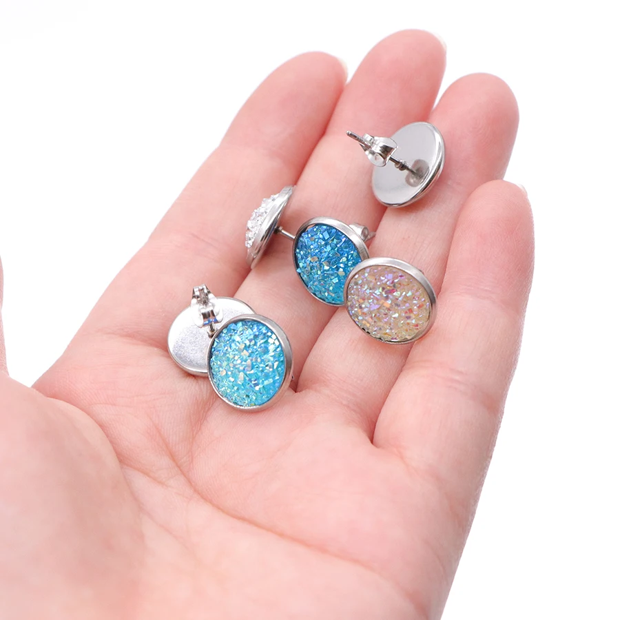 9pair/lot 9Colors Glitter  Round Stud Earrings Stainless Steel Jewelry for Women Colorful Resin Druzy Drusy Ear Studs Earrings