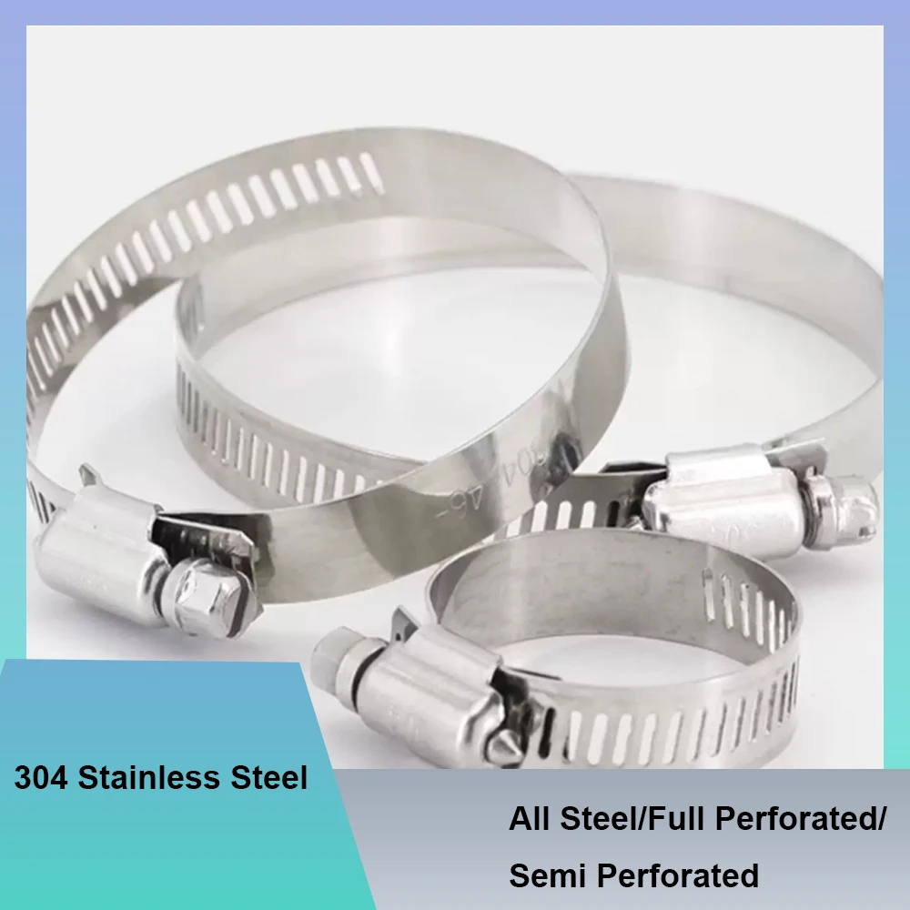 1Pcs 304 Stainless Steel All Steel One Screw Hose Clamp Full and Semi Perforated Adjustable Worm Drive Pipe Clips