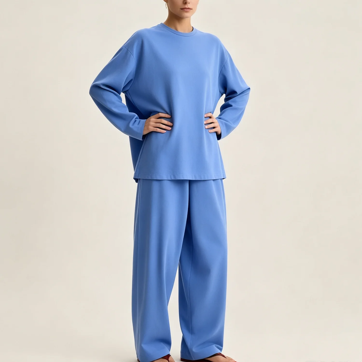 PUAL 2026Women Sky Blue Loungewear Two Piece Set,Oversized Long Sleeve Crew Neck Top&Wide Leg Loose Pants Casual Matching Outfit