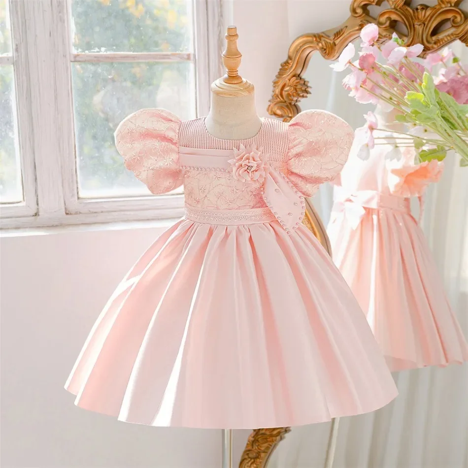 Solid Color Girl Princess Dress Short Sleeve Lace Flower Girl Lace Dresses for Weddings Summer Children's Evening Dress ASQ03