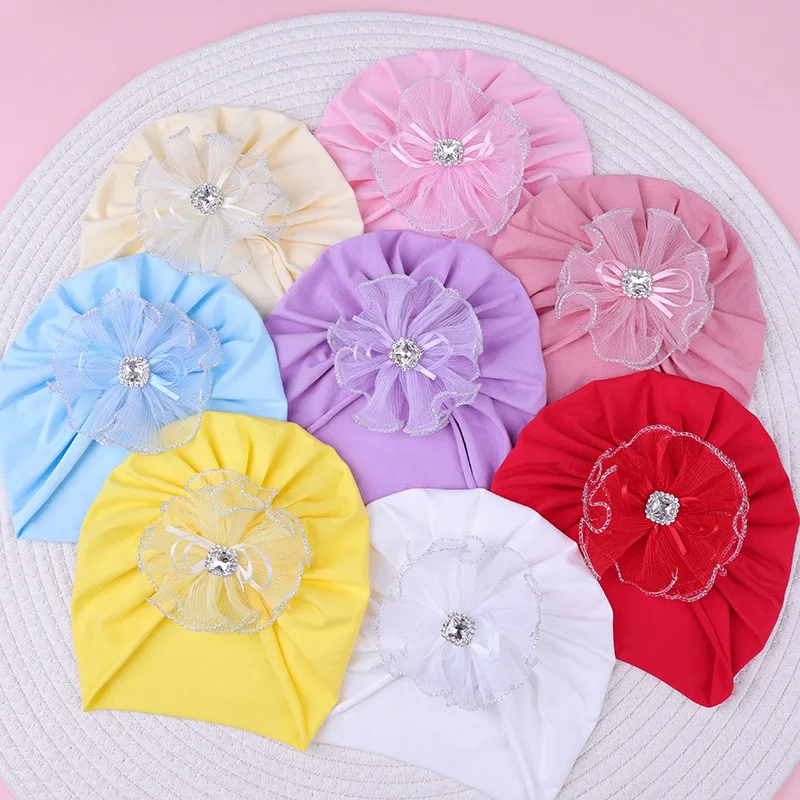 

0-2Y Baby Lace Flower Hat Infant Cotton Pink Color Beanie Indian Turban Hats Baby Girls Newborn Bonnet Bebes Gorros