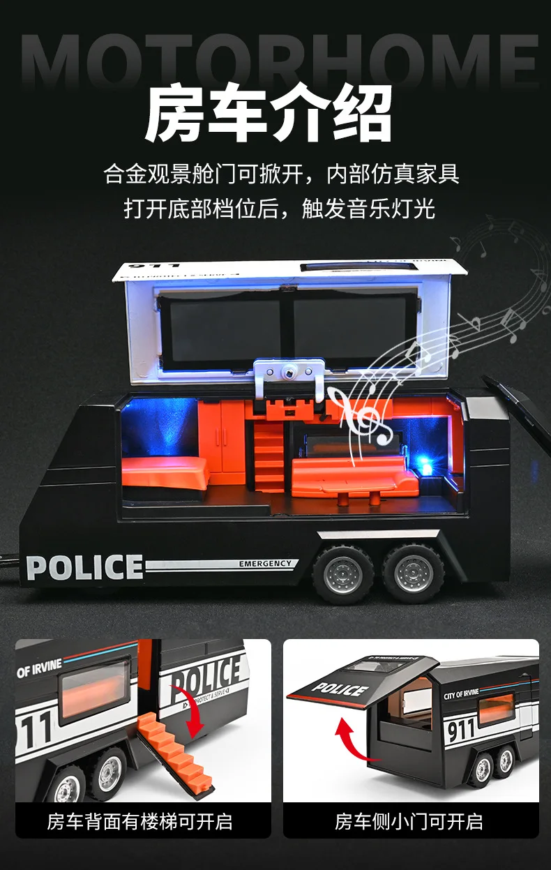 1:32 RV Alloy Car Model Pull Back Sound and Light Police Car Model Toy Gift Diecast Alloy Car Model Collectible