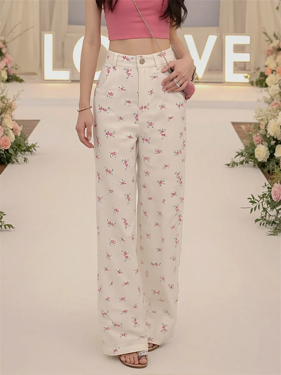 

Милые джинсы с высокой талией и цветочным принтом, мешковатые женские джинсовые брюки, женская одежда, летние перфорированные прямые городские дорожные хипстерские брюки