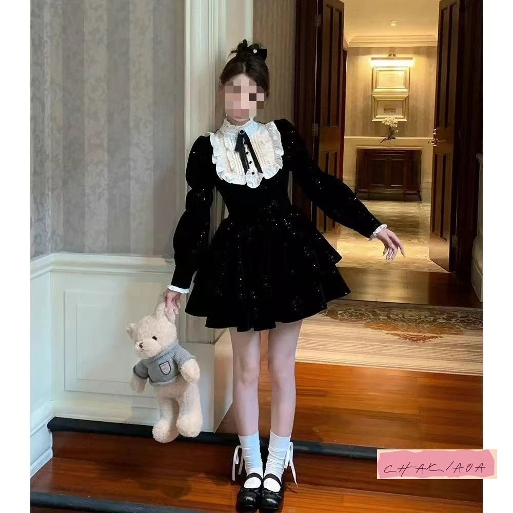 Halloween usar veludo dupla camada fina flash puff bolo vestido bolha de manga comprida veludo cintura rico estilo família vestido aniversário