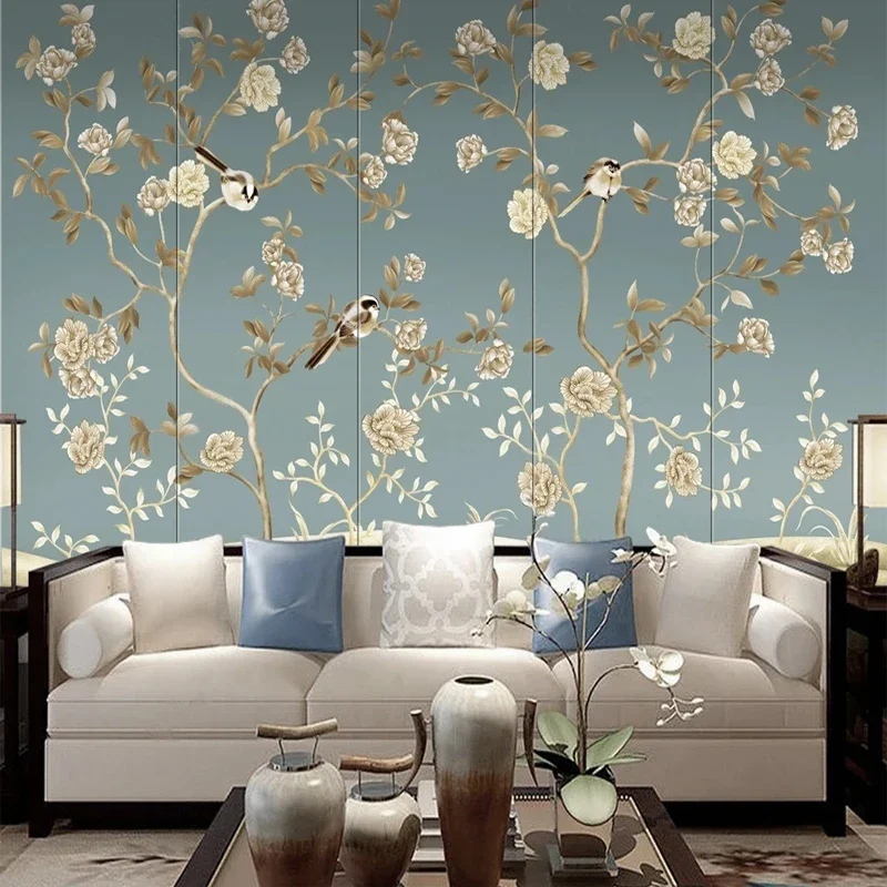 

European Retro Flowers Branches Birds Green Wallpaper for Bedroom Living Room Wall Decor Customized Size 3D Large Photo Mural