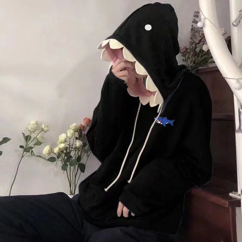 Fashion Shark Plus Velvet Embroidered Hooded Sweater Men and Women Autumn and Winter 2022 Loose Casual Top Hoodie Sweatshirts