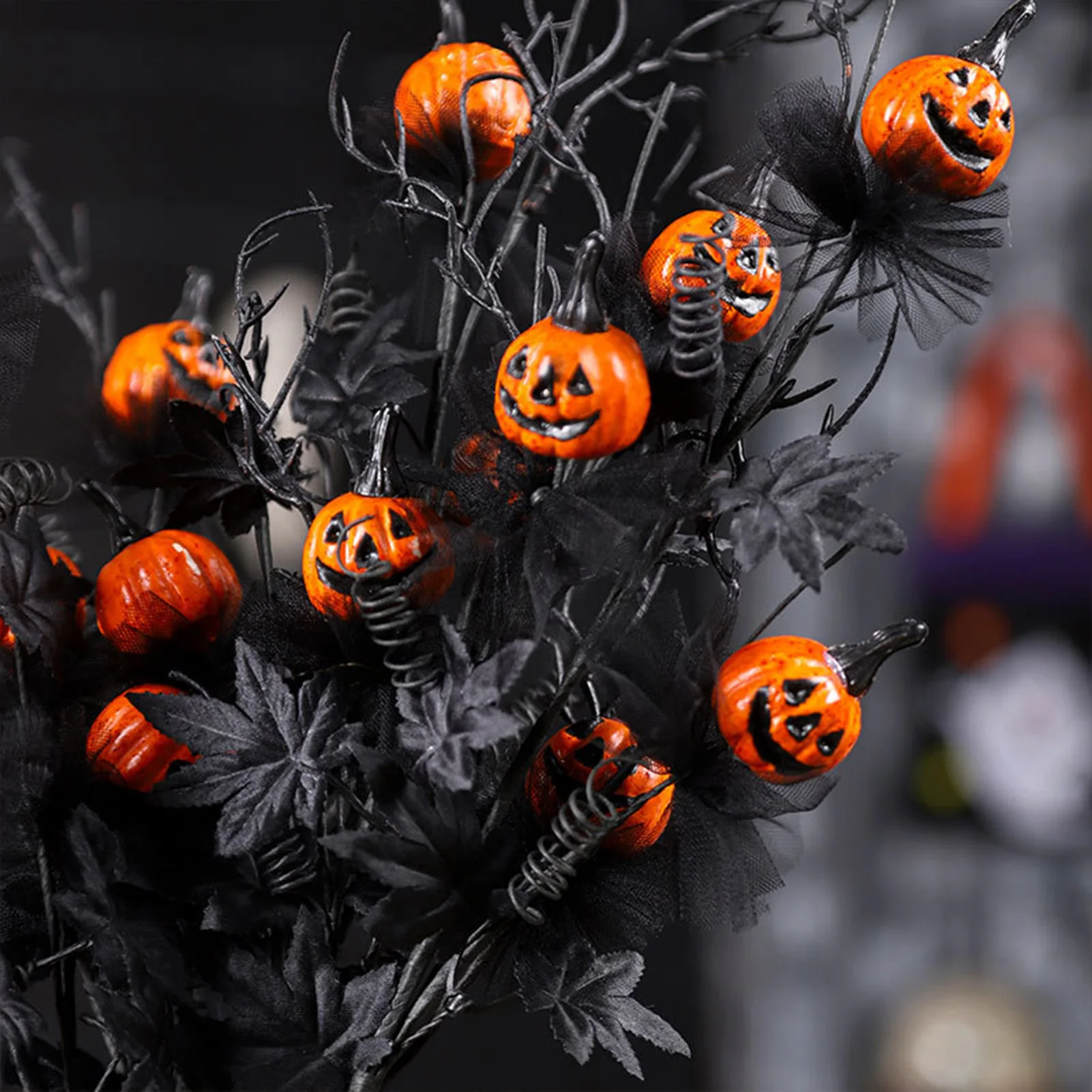 

1pc Halloween Decorations, 18.5Inch Artificial Pumpkin Maple Leaf Floral Stems Decoration black scary pumpkin bouquet