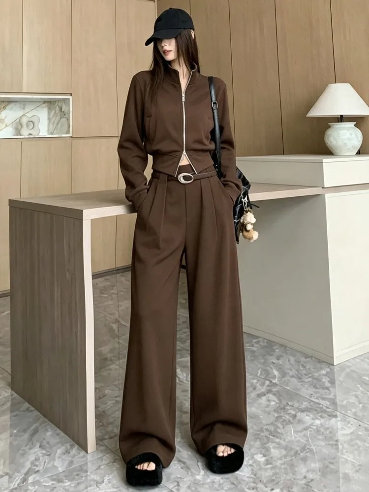 Autumn Women Tracksuit Turn Down Collar Zipper Slim Fit Streetwear Casual Short Jacket High Waist Wide Leg Pants Two Piece Set