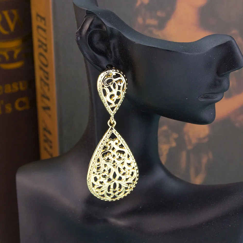 Sunspicems Chic Arabic Women Earring Hollow Arabesque Long Water Droplet Middle Eastern Bride Jewelry Gold Color Metallic Luster