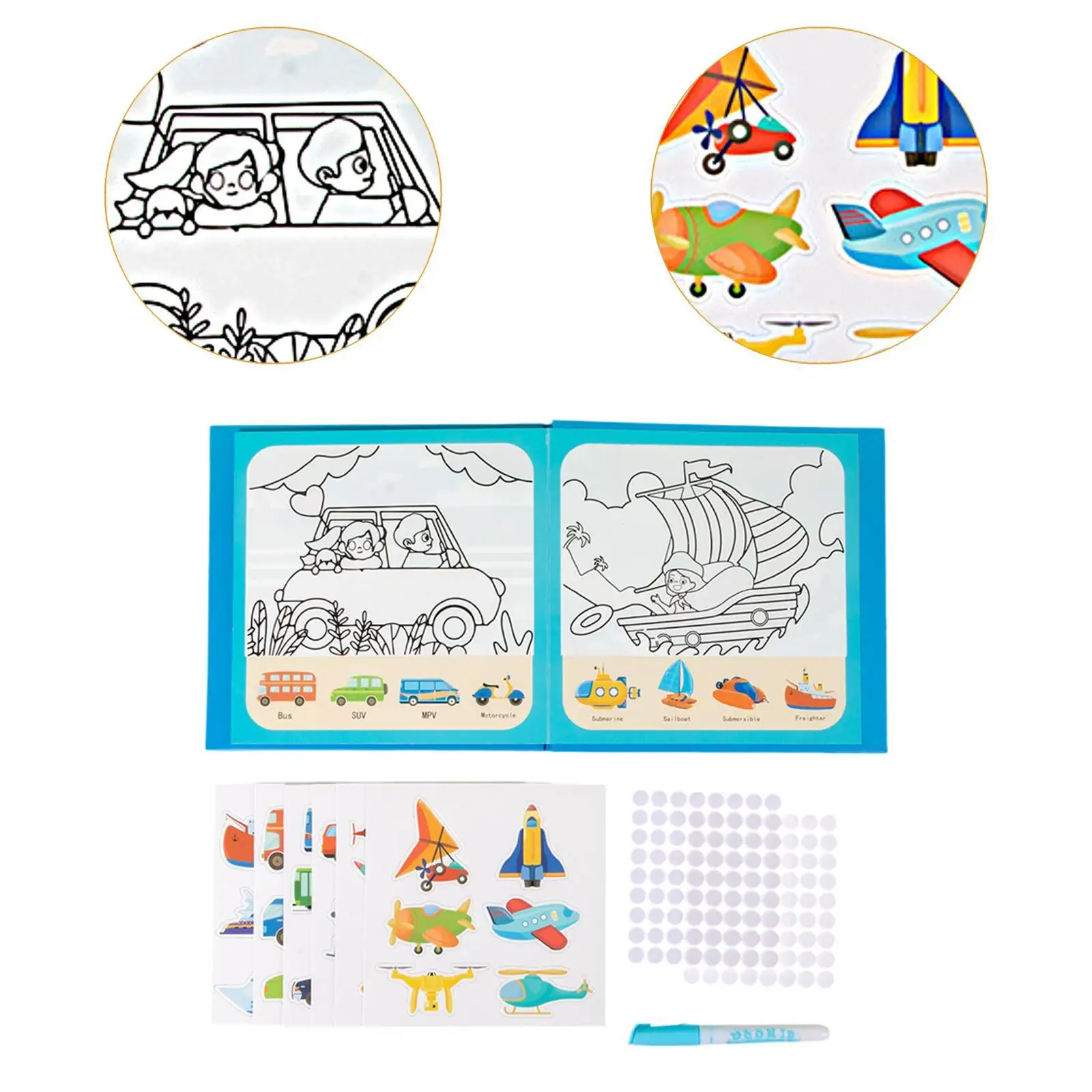 Libro de pegatinas reutilizable, tarjetas interactivas para colorear con agua, libro de viaje silencioso Montessori para viajes en casa, avión, niños y niñas