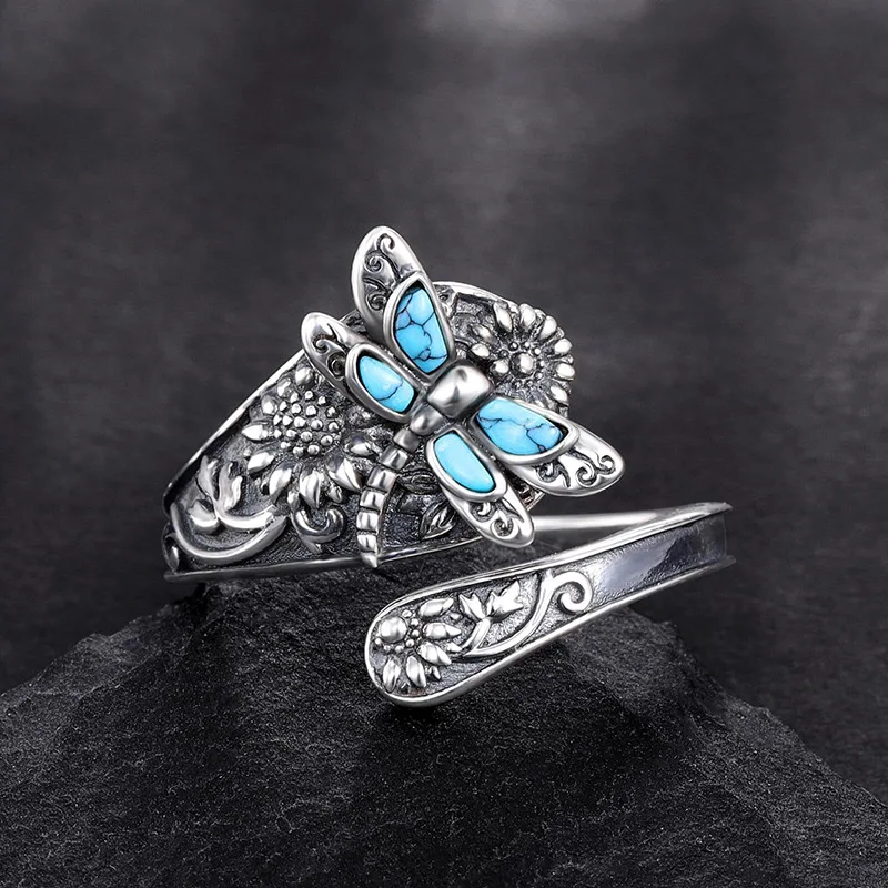 2026 New Retro Countryside Style Drop Adhesive Ring for Attending Banquet Trend Relief Dragonfly Sunflower Opening Jewelry