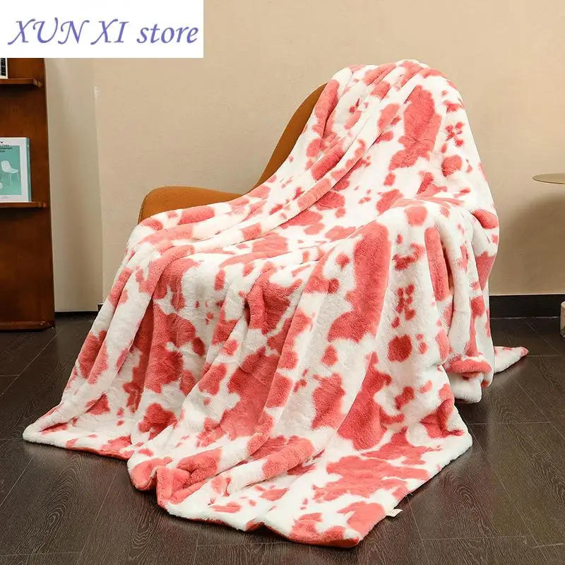 New Small Rabbit Hair Printed Double Layer Warm Sofa Blanket Multifunctional Nap and Lunch Rest Blanket