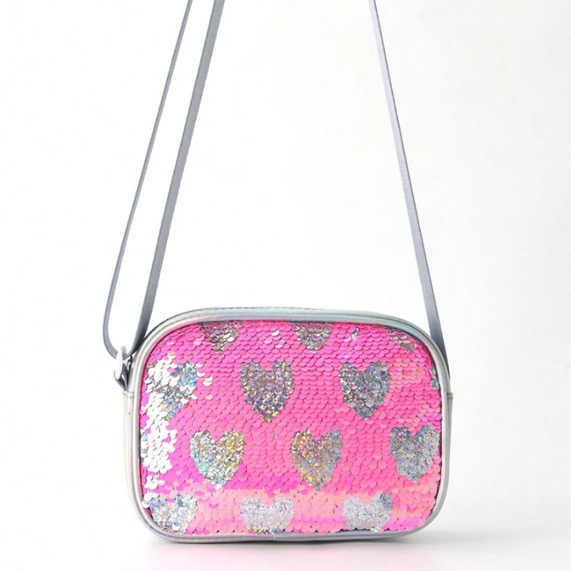

Women Mini Messenger Bag Flap Sequin Heart Crossbody Bag for Girl Small Travel Phone Bag
